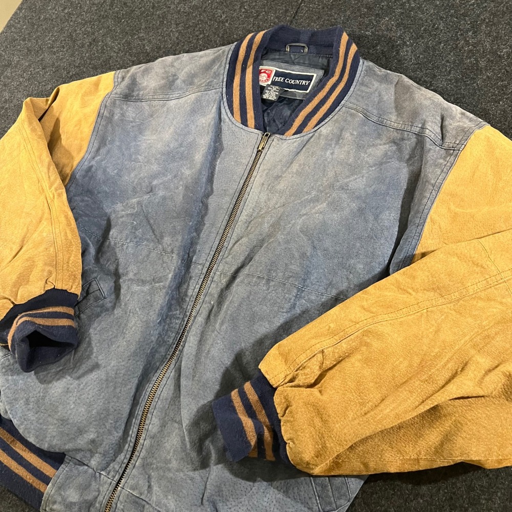 Free Country Leather Jacket Mens M Blue Tan Varsity Bomber Vintage 90s Workwear
